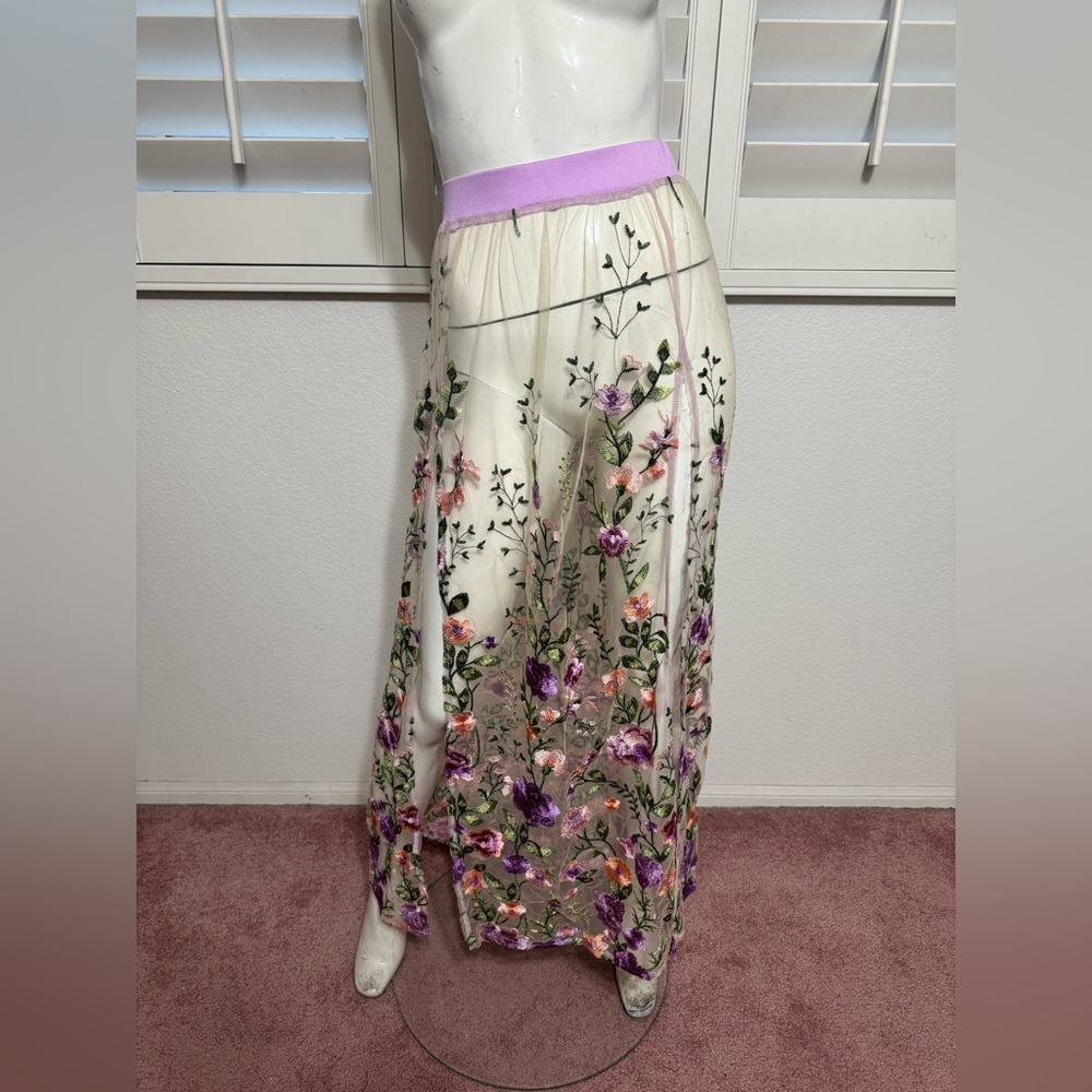 New 3xl purple floral flower embroidered long wrap skirt boho festival sheer